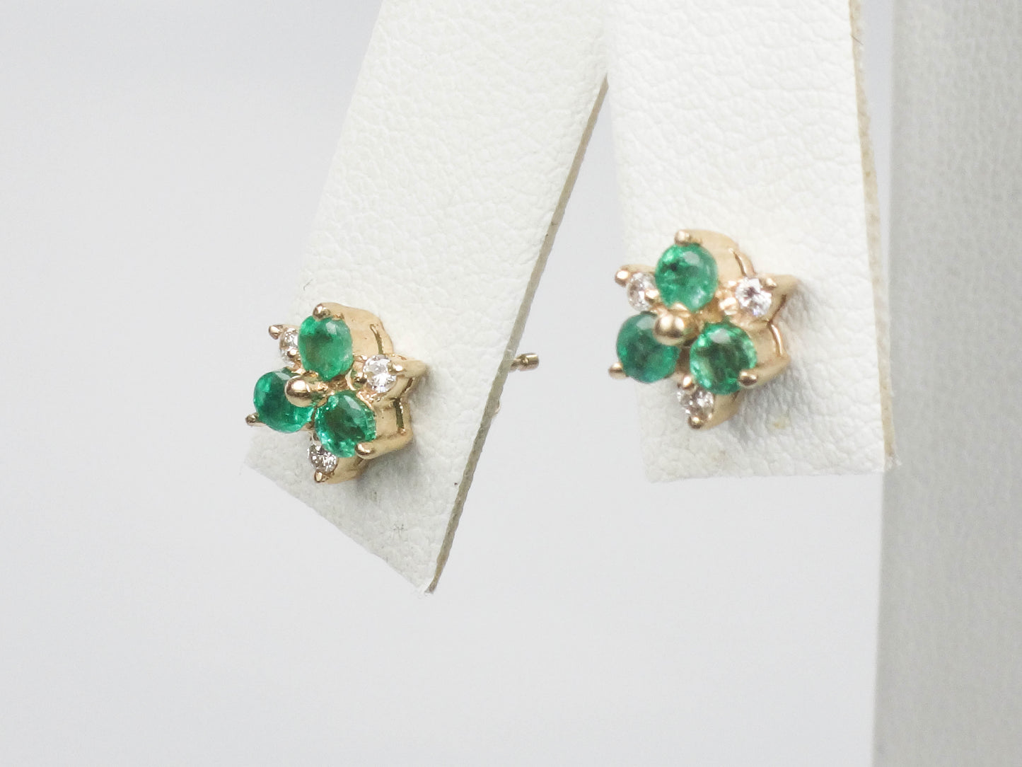 Vintage 14k Yellow Gold Natural Emerald and Diamond Stud Earrings, Floral Green May Birthstone Earrings