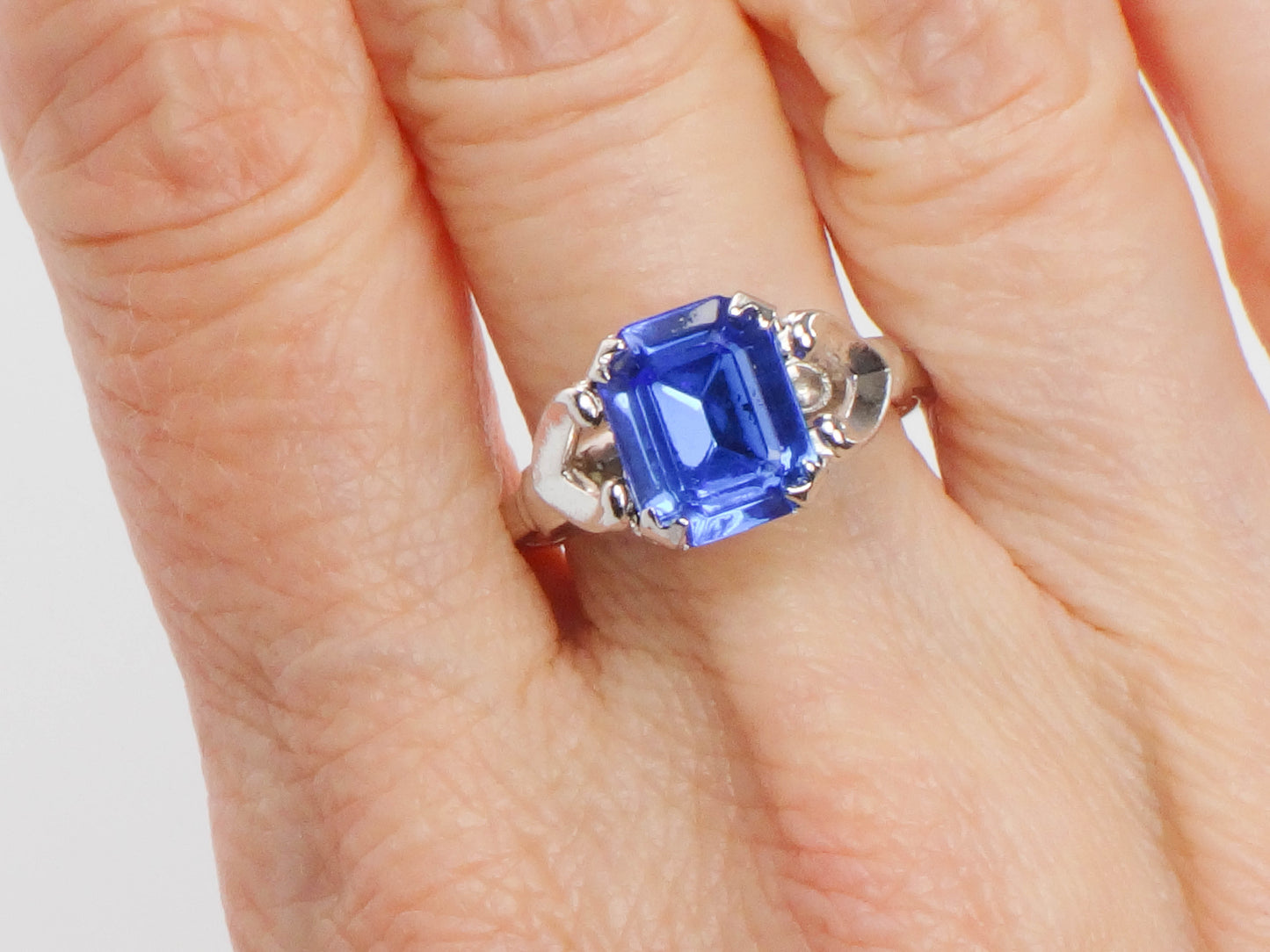 Vintage Silver Tone Blue Stone Ring, Costume Ring, Imitation Sapphire Ring, Uncas Manufacturing Co Adjustable Size Ring