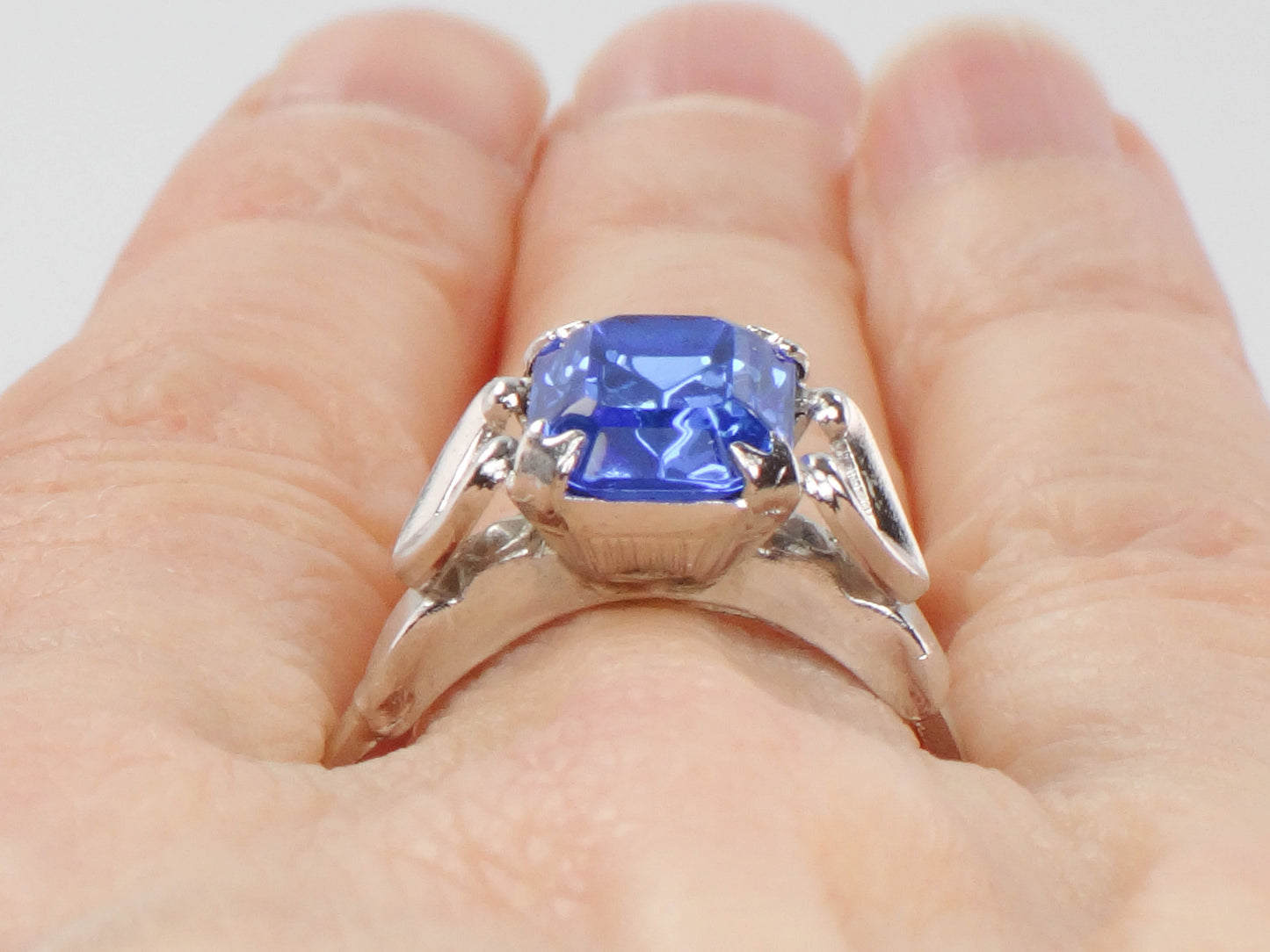 Vintage Silver Tone Blue Stone Ring, Costume Ring, Imitation Sapphire Ring, Uncas Manufacturing Co Adjustable Size Ring