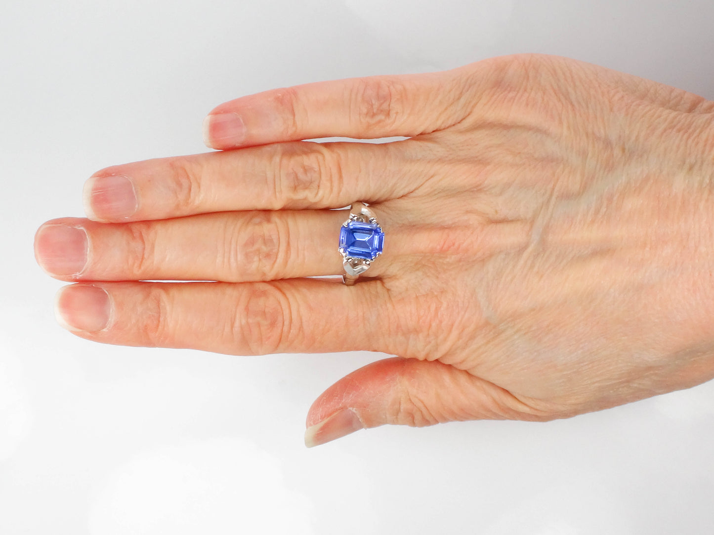 Vintage Silver Tone Blue Stone Ring, Costume Ring, Imitation Sapphire Ring, Uncas Manufacturing Co Adjustable Size Ring