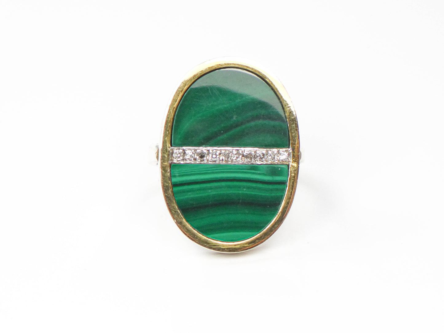 Vintage 14k Yellow Gold Malachite and Diamond Ring, Modernist Style Ring, Green Stone Ring, Size 5.75