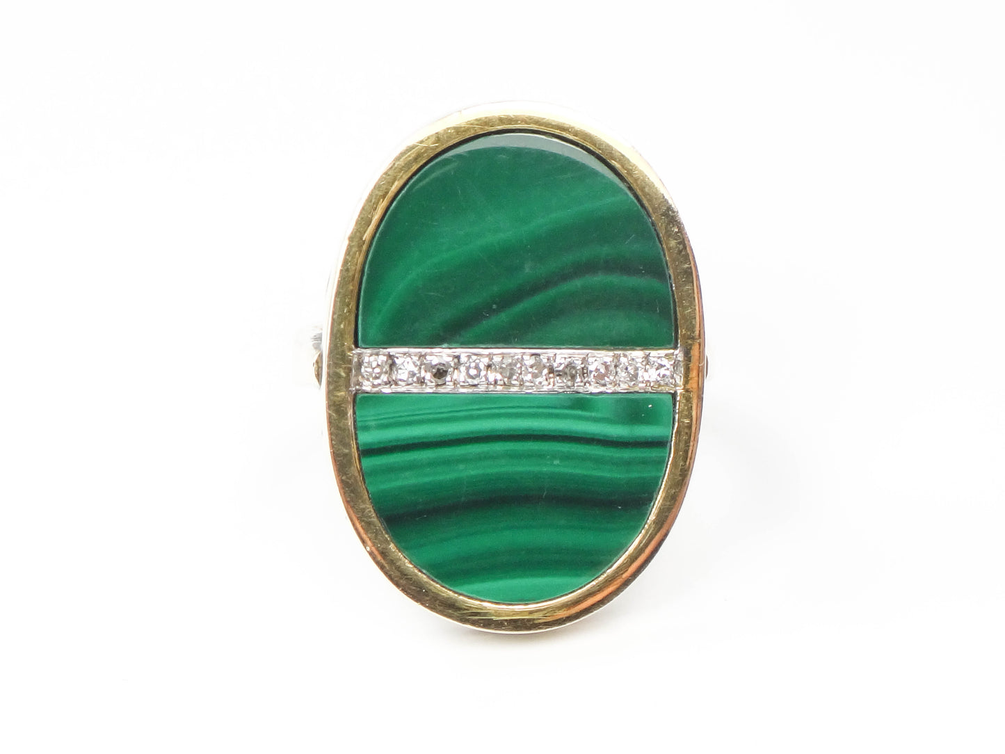 Vintage 14k Yellow Gold Malachite and Diamond Ring, Modernist Style Ring, Green Stone Ring, Size 5.75