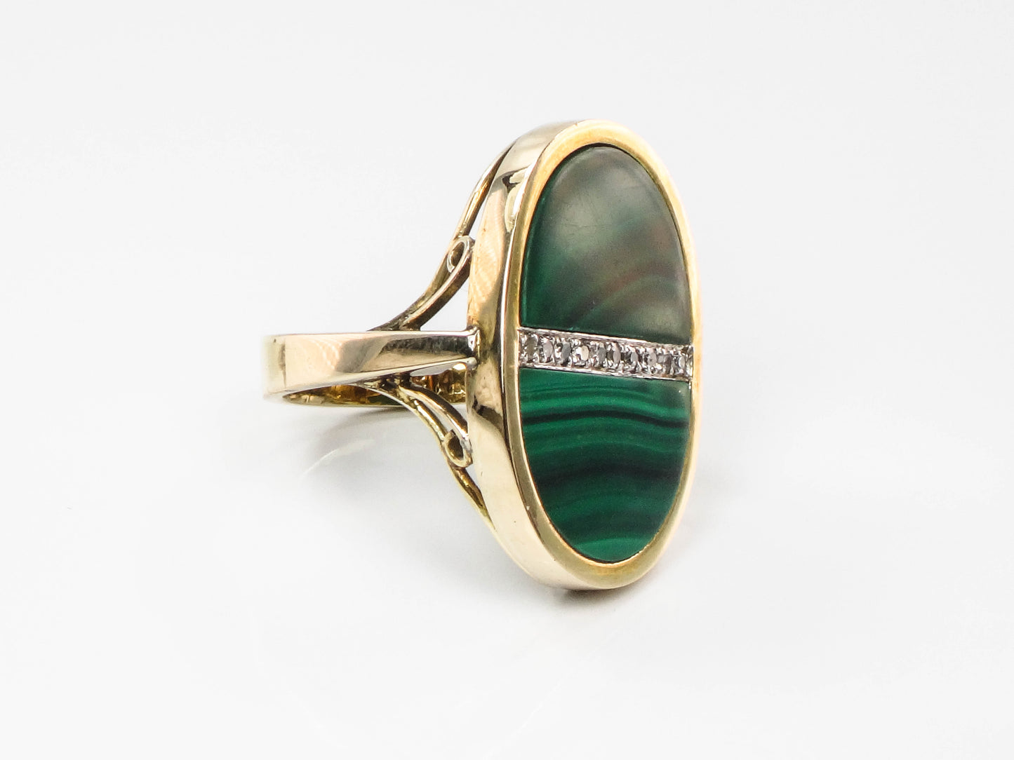 Vintage 14k Yellow Gold Malachite and Diamond Ring, Modernist Style Ring, Green Stone Ring, Size 5.75