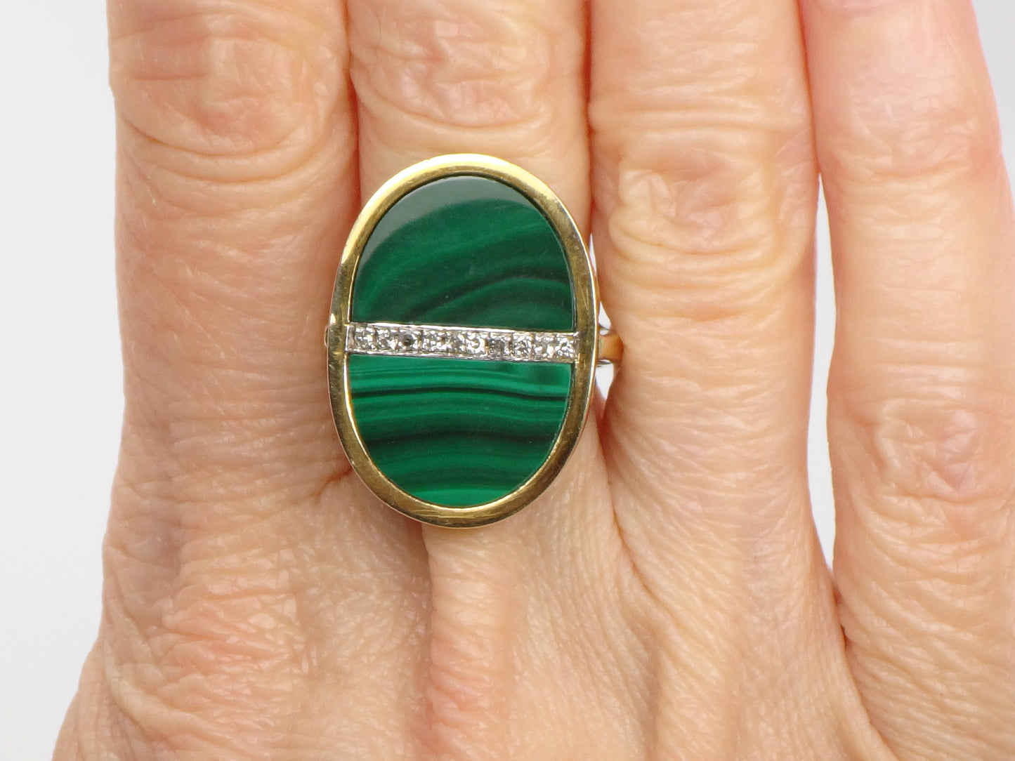 Vintage 14k Yellow Gold Malachite and Diamond Ring, Modernist Style Ring, Green Stone Ring, Size 5.75