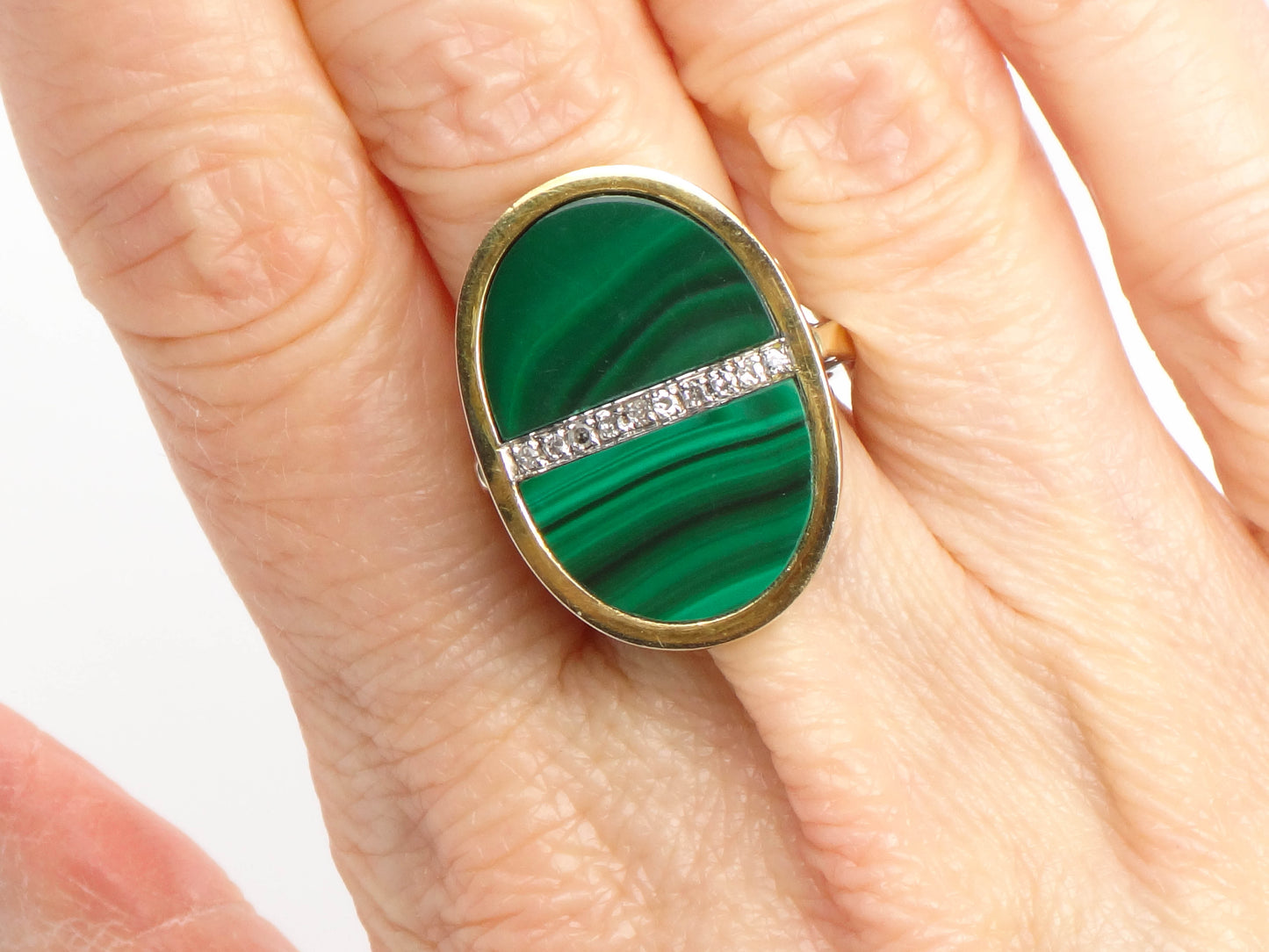 Vintage 14k Yellow Gold Malachite and Diamond Ring, Modernist Style Ring, Green Stone Ring, Size 5.75
