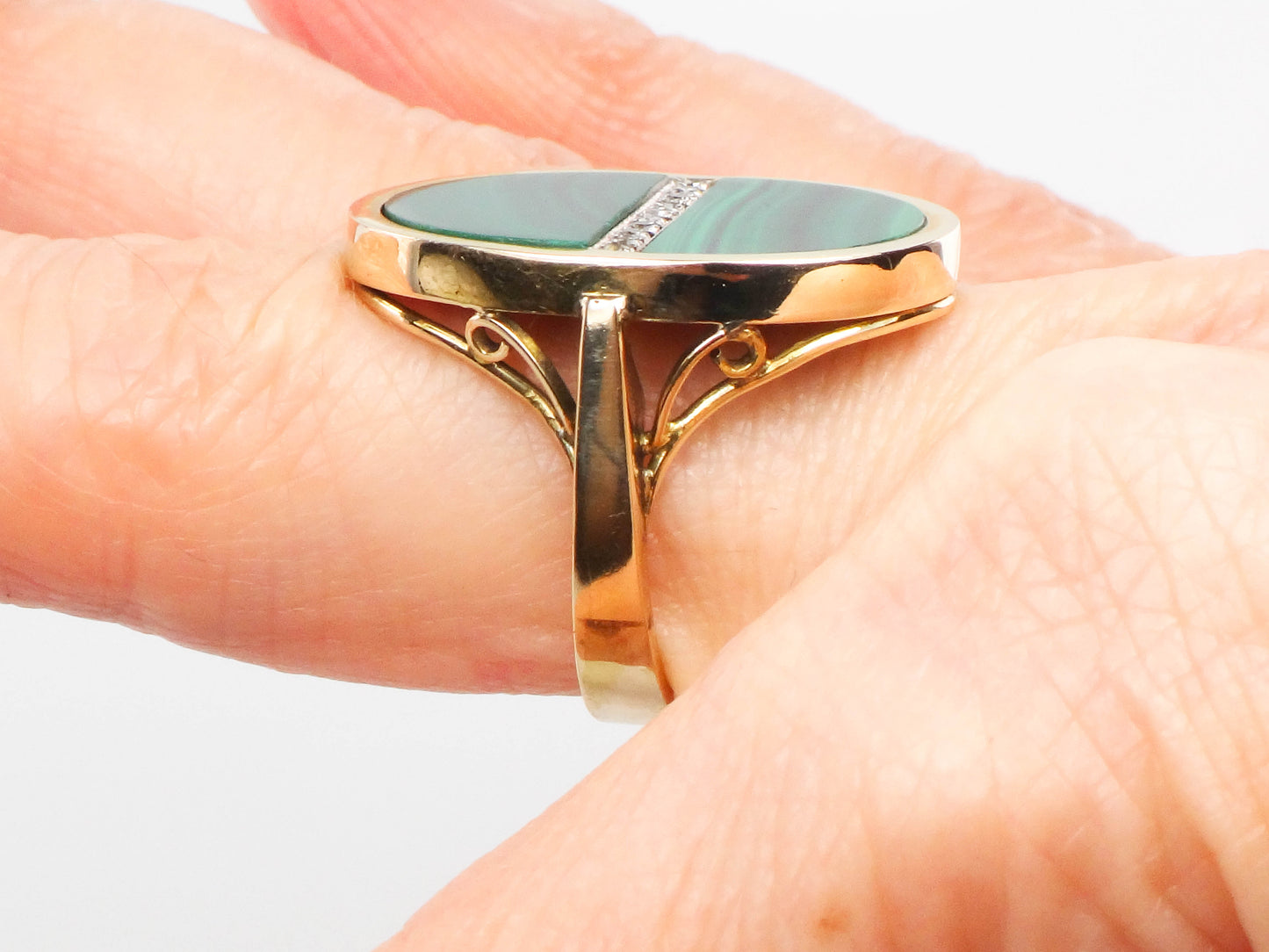 Vintage 14k Yellow Gold Malachite and Diamond Ring, Modernist Style Ring, Green Stone Ring, Size 5.75