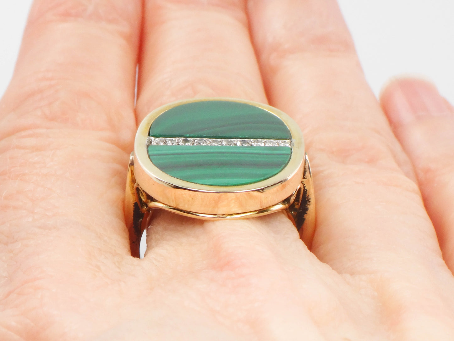 Vintage 14k Yellow Gold Malachite and Diamond Ring, Modernist Style Ring, Green Stone Ring, Size 5.75