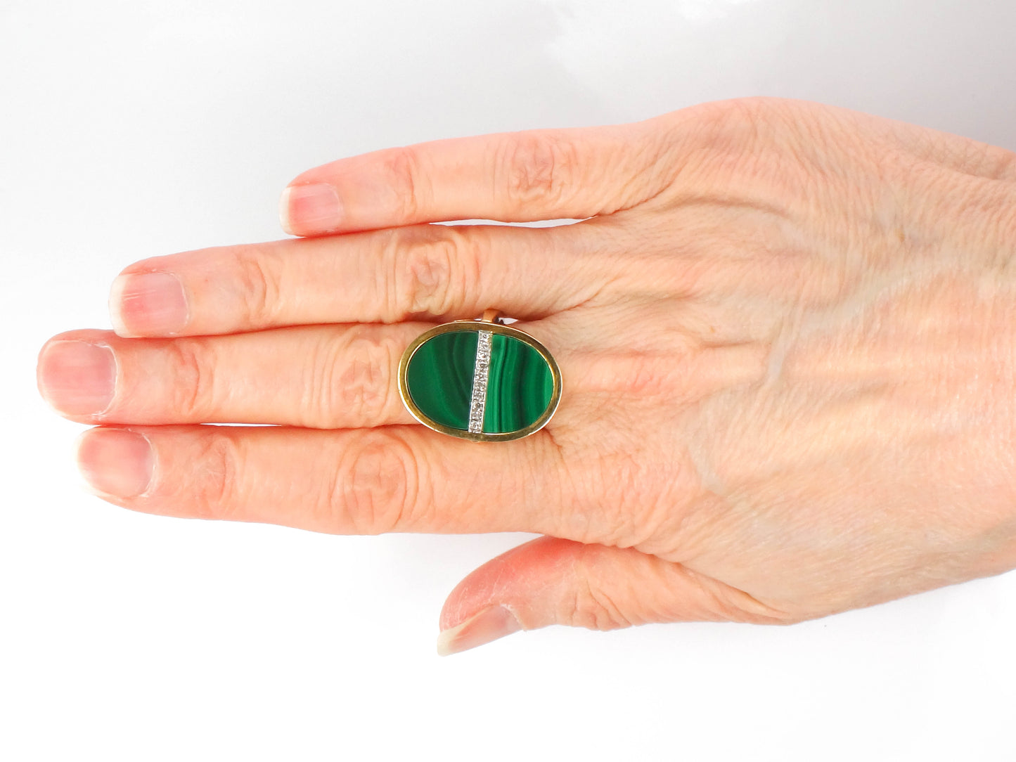 Vintage 14k Yellow Gold Malachite and Diamond Ring, Modernist Style Ring, Green Stone Ring, Size 5.75