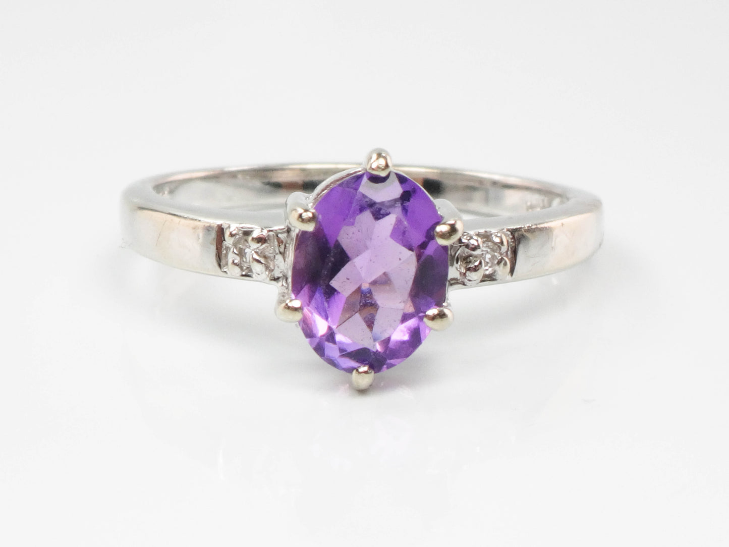 Vintage 14k White Gold Natural Amethyst and Diamond Ring, Purple February Birthstone Ring, Size 6.75
