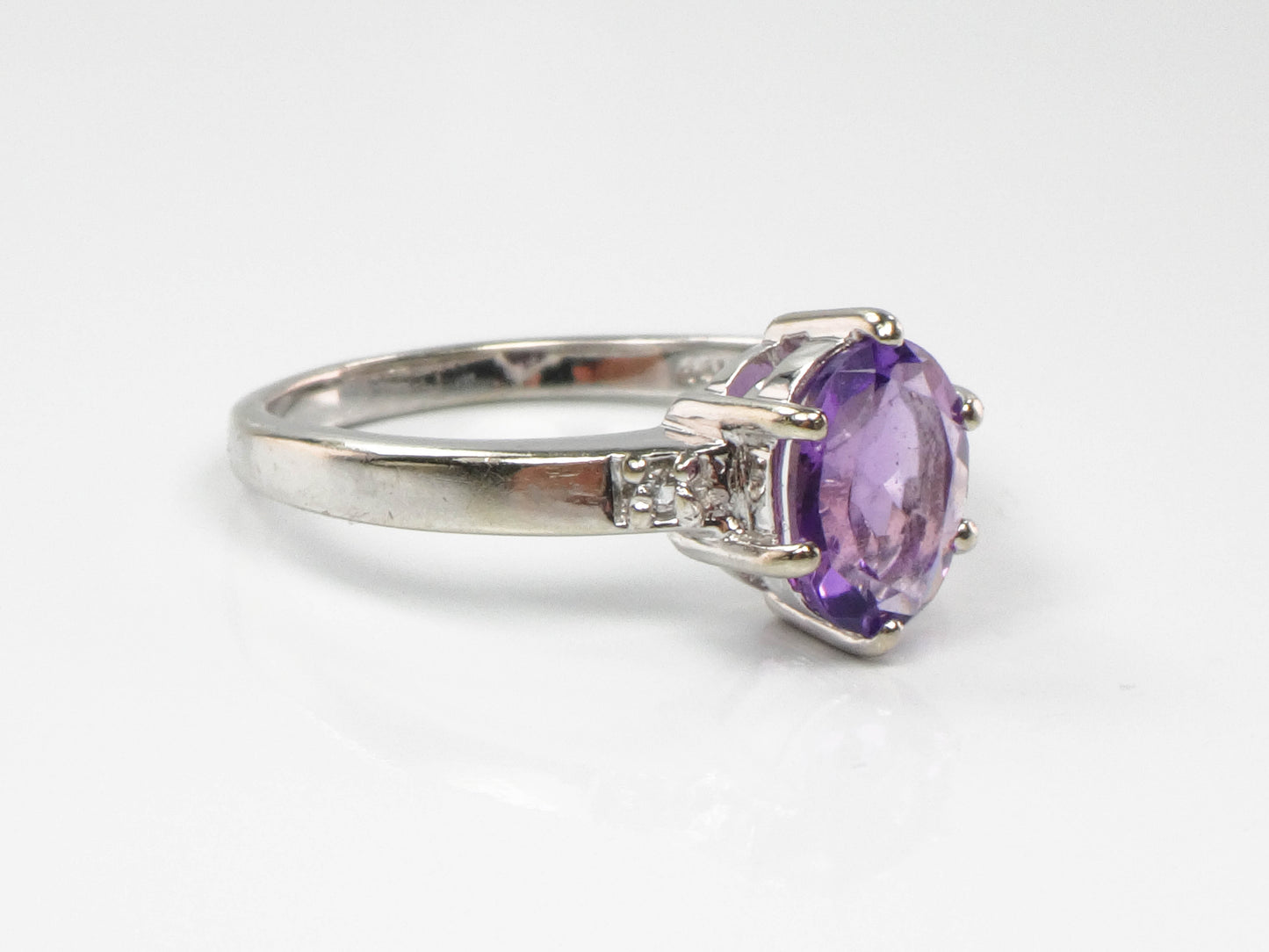 Vintage 14k White Gold Natural Amethyst and Diamond Ring, Purple February Birthstone Ring, Size 6.75