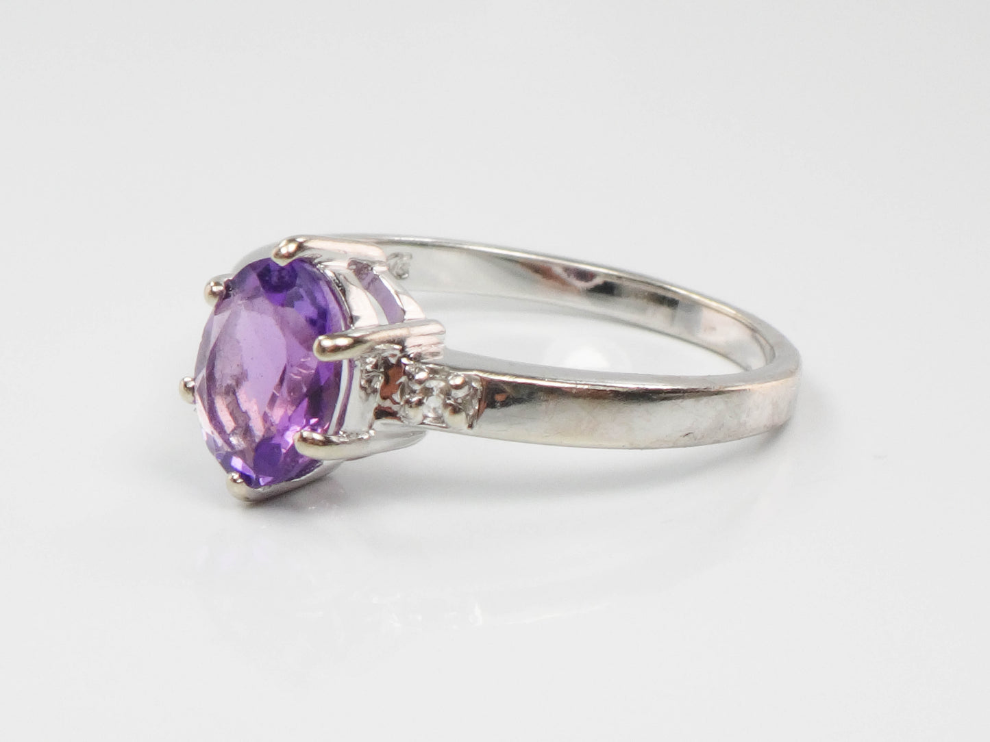 Vintage 14k White Gold Natural Amethyst and Diamond Ring, Purple February Birthstone Ring, Size 6.75