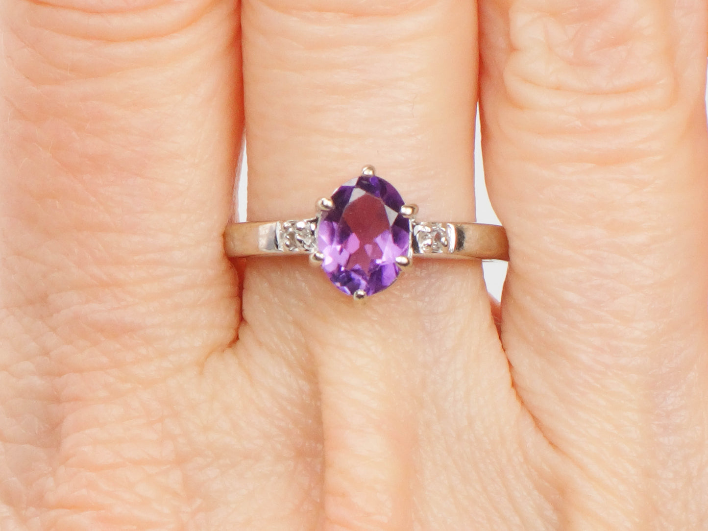 Vintage 14k White Gold Natural Amethyst and Diamond Ring, Purple February Birthstone Ring, Size 6.75