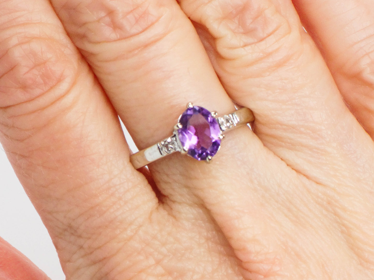 Vintage 14k White Gold Natural Amethyst and Diamond Ring, Purple February Birthstone Ring, Size 6.75