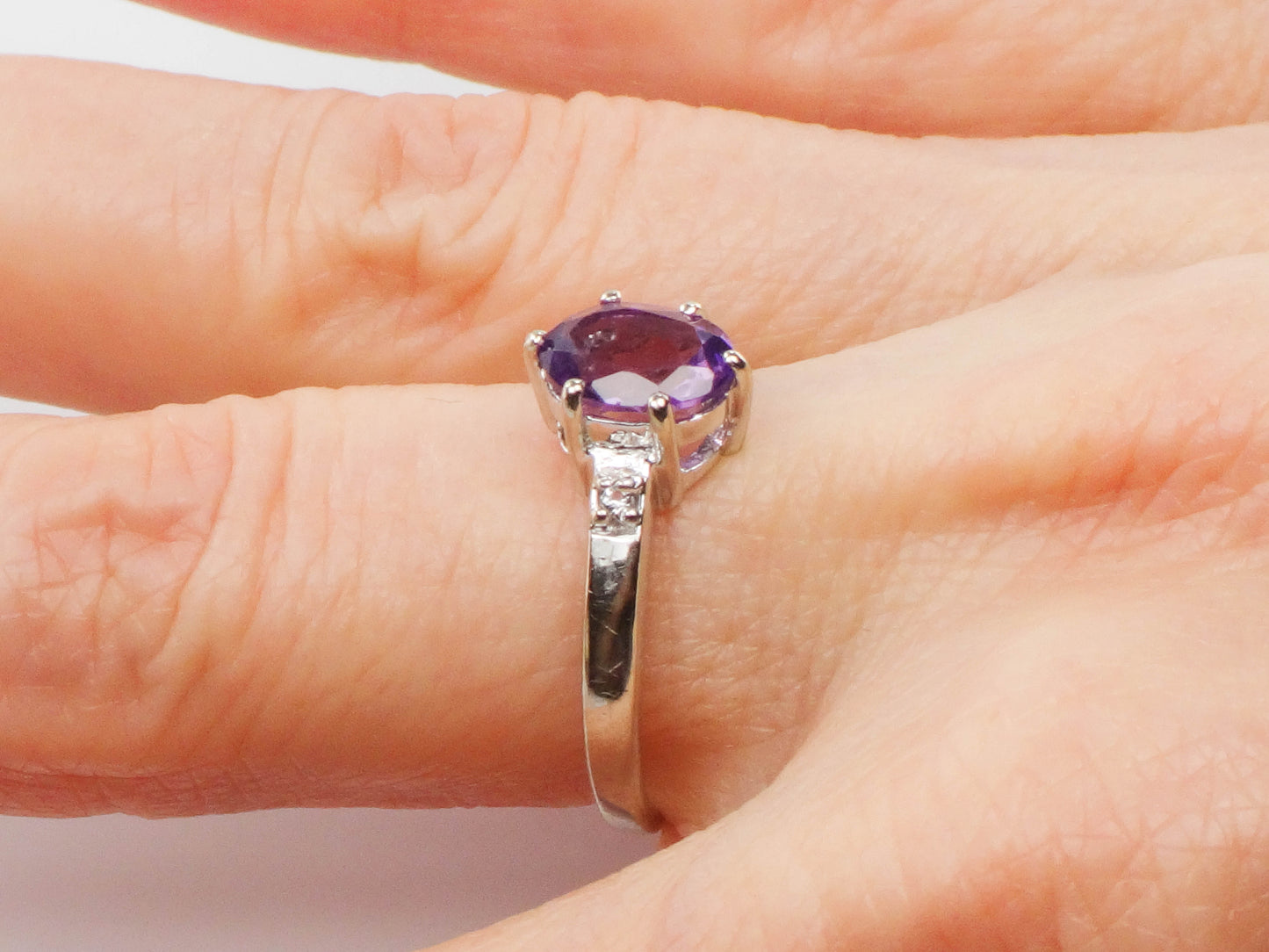 Vintage 14k White Gold Natural Amethyst and Diamond Ring, Purple February Birthstone Ring, Size 6.75