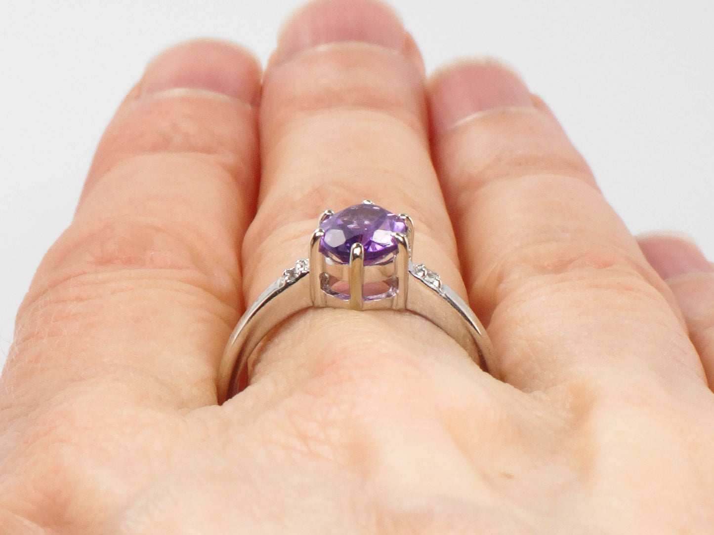 Vintage 14k White Gold Natural Amethyst and Diamond Ring, Purple February Birthstone Ring, Size 6.75