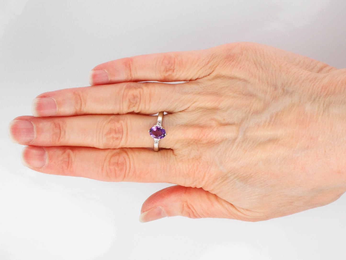 Vintage 14k White Gold Natural Amethyst and Diamond Ring, Purple February Birthstone Ring, Size 6.75