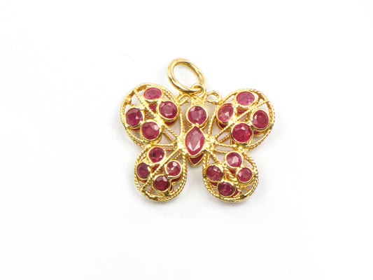 Vintage 18k Yellow Gold Natural Ruby Butterfly Pendant Charm, July Birthstone Gift