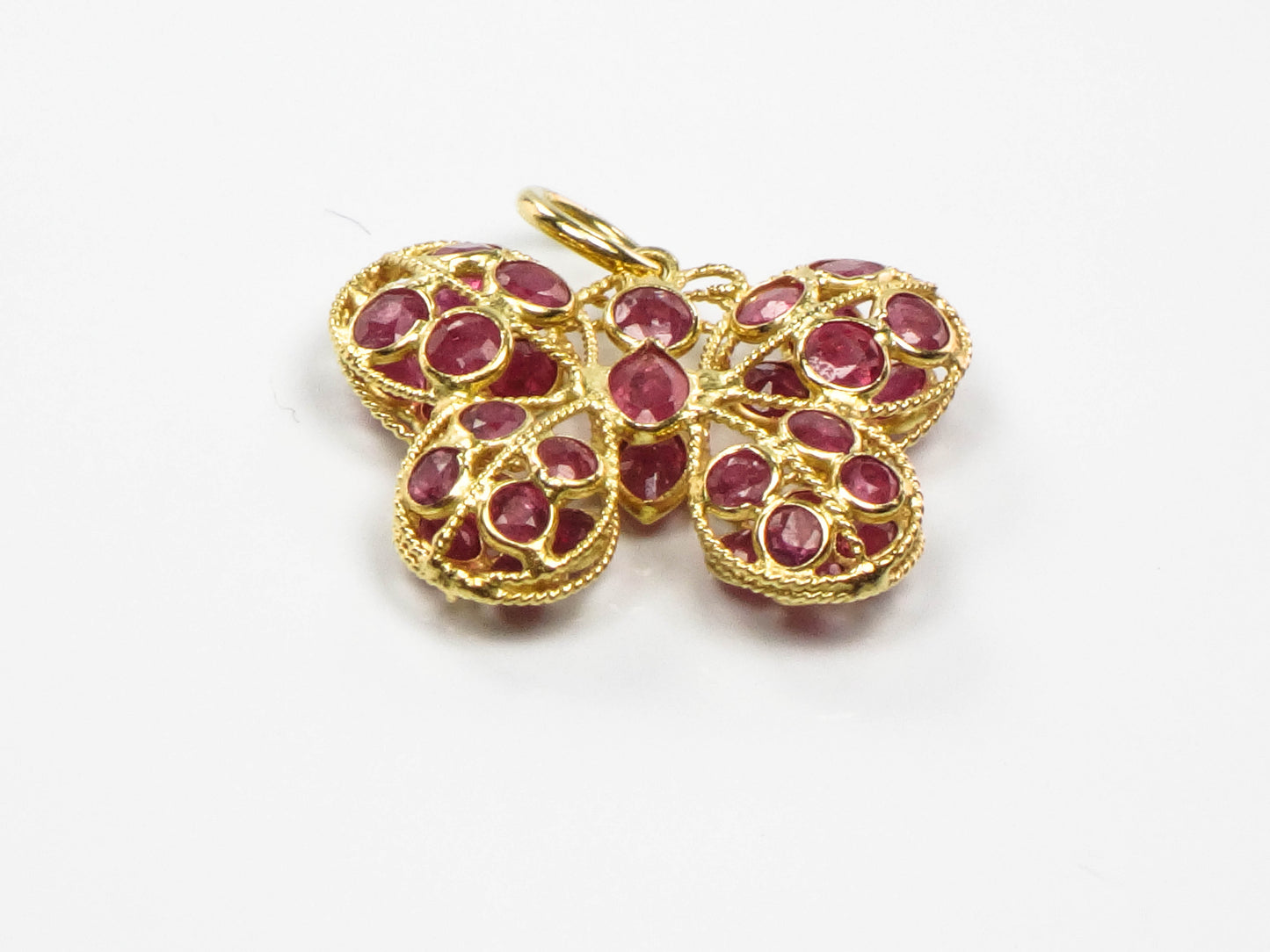 Vintage 18k Yellow Gold Natural Ruby Butterfly Pendant Charm, July Birthstone Gift