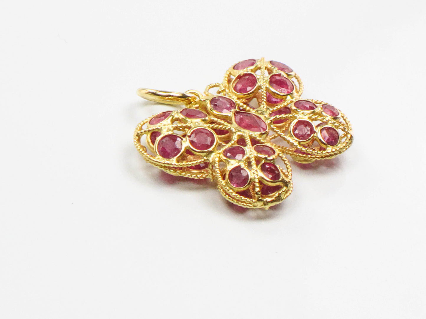 Vintage 18k Yellow Gold Natural Ruby Butterfly Pendant Charm, July Birthstone Gift