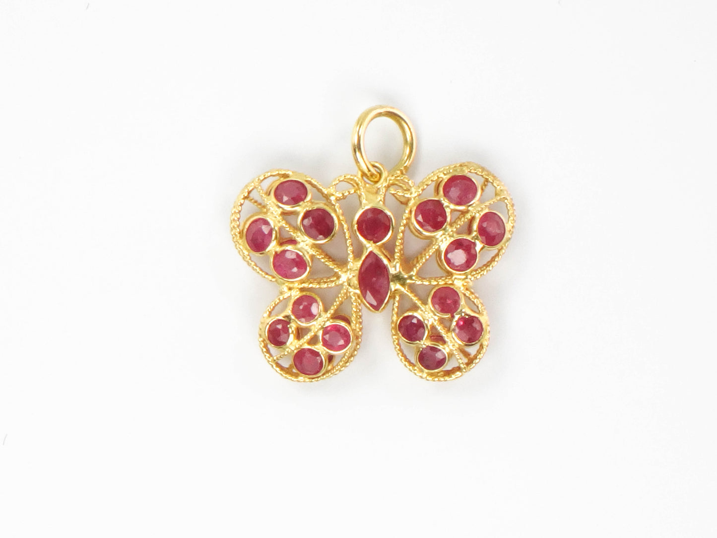 Vintage 18k Yellow Gold Natural Ruby Butterfly Pendant Charm, July Birthstone Gift