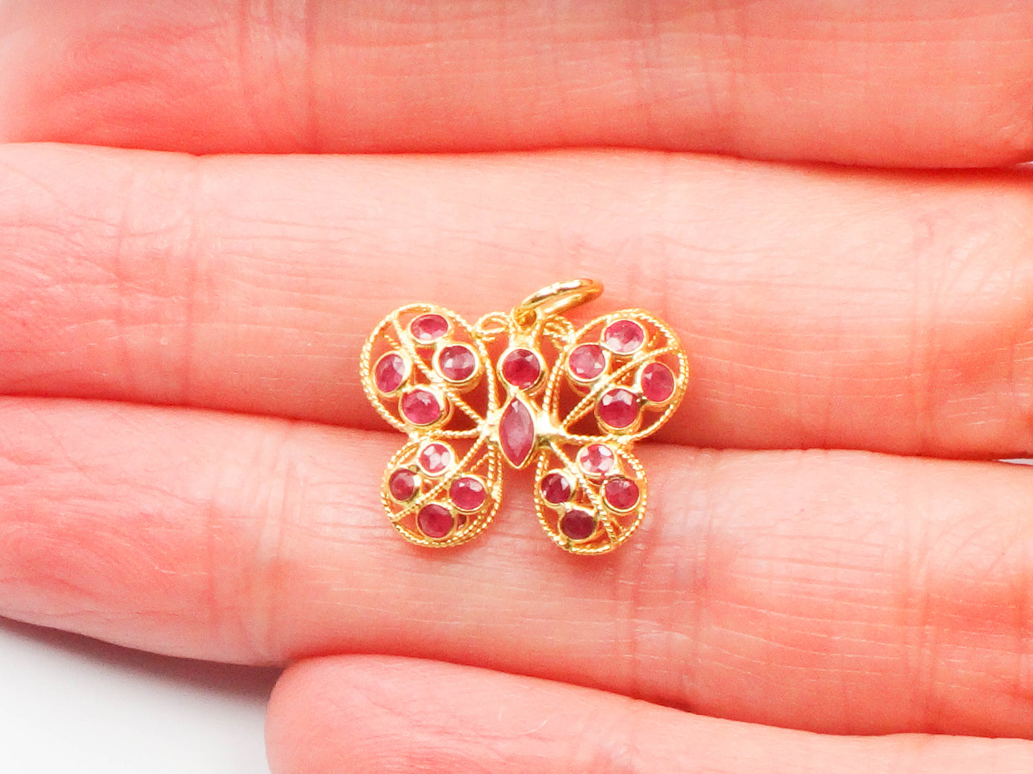 Vintage 18k Yellow Gold Natural Ruby Butterfly Pendant Charm, July Birthstone Gift