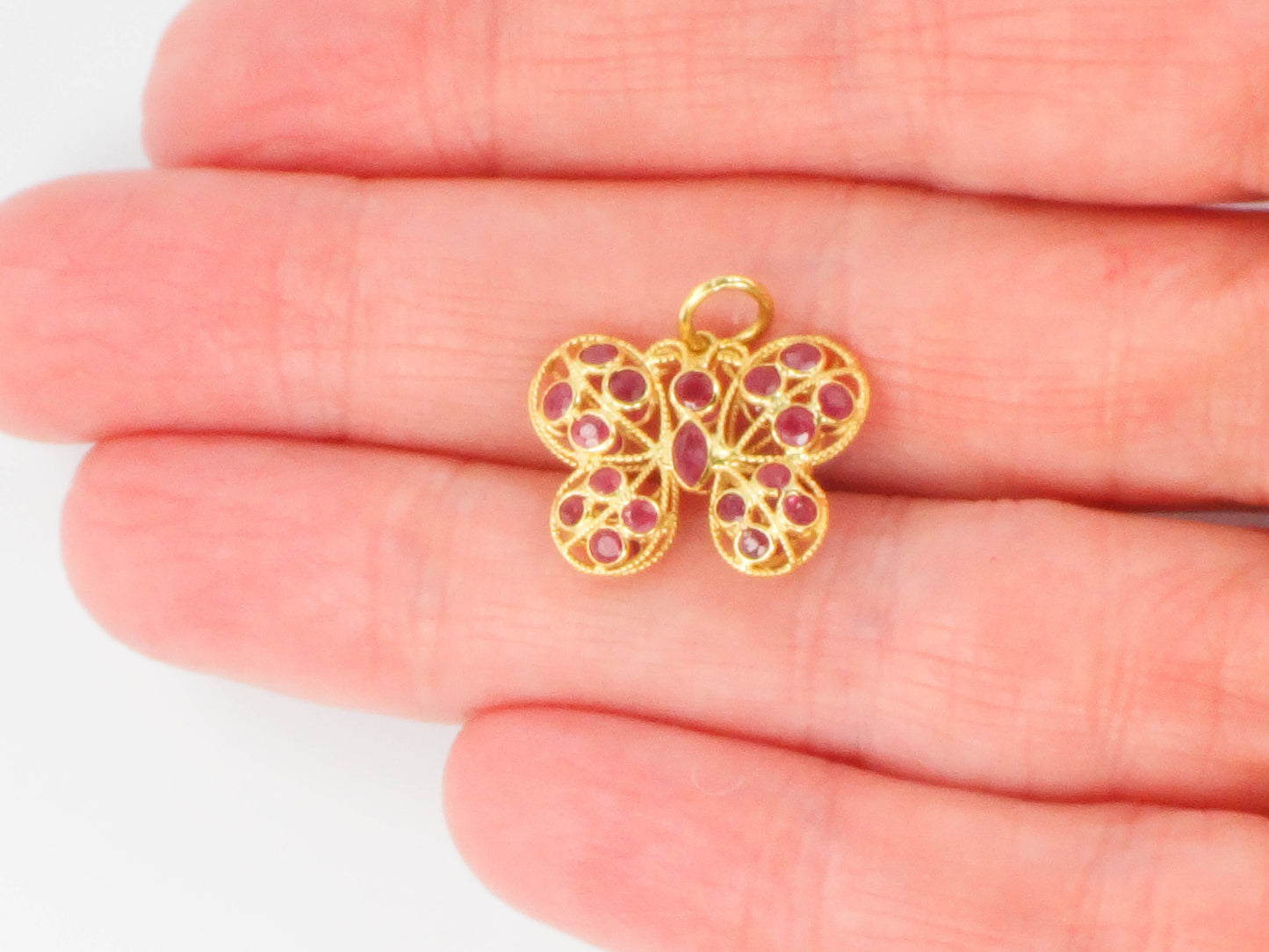 Vintage 18k Yellow Gold Natural Ruby Butterfly Pendant Charm, July Birthstone Gift