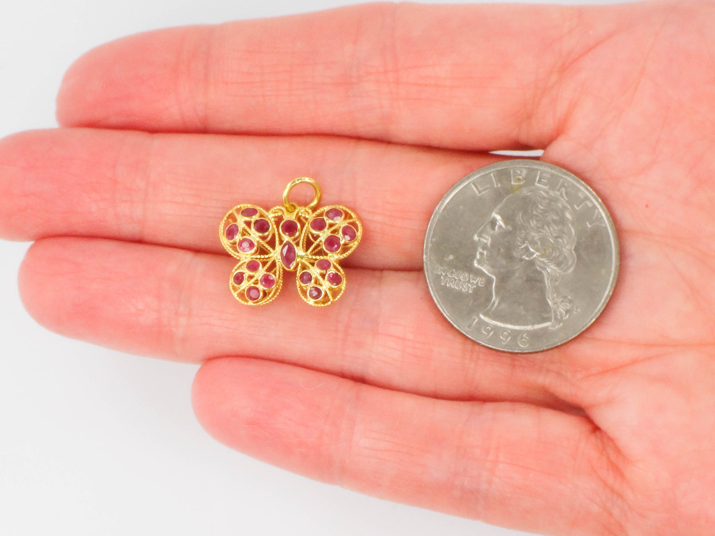 Vintage 18k Yellow Gold Natural Ruby Butterfly Pendant Charm, July Birthstone Gift