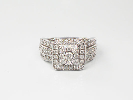 10k White Gold Natural Diamond Cluster Engagement Ring Approximately 1 Carat TDW