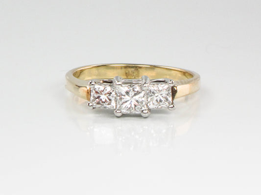 Vintage 14k Gold Three Stone Diamond Engagement Ring, Princess Cut Diamond Ring, Size 7