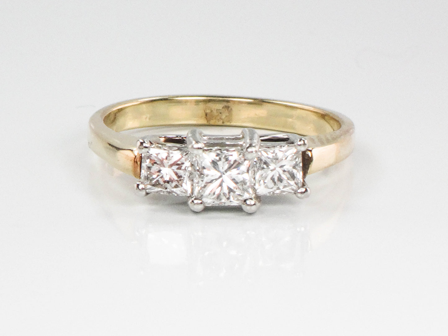 Vintage 14k Gold Three Stone Diamond Engagement Ring, Princess Cut Diamond Ring, Size 7