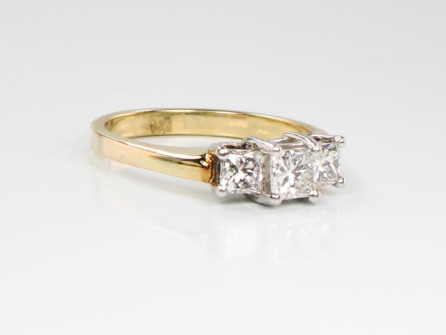 Vintage 14k Gold Three Stone Diamond Engagement Ring, Princess Cut Diamond Ring, Size 7