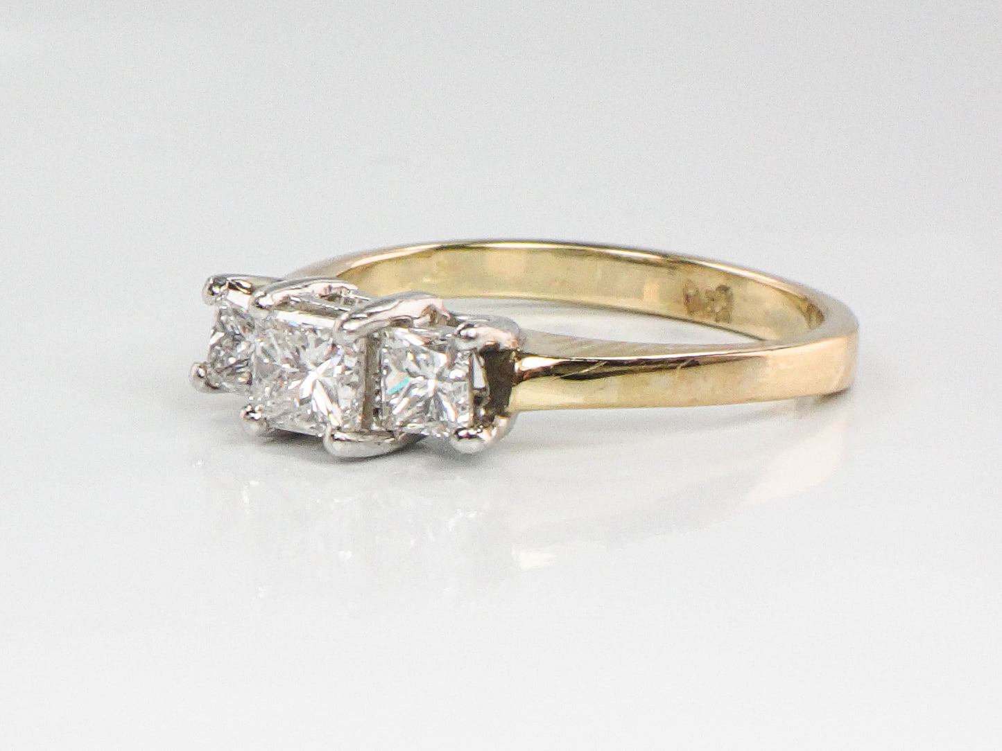 Vintage 14k Gold Three Stone Diamond Engagement Ring, Princess Cut Diamond Ring, Size 7