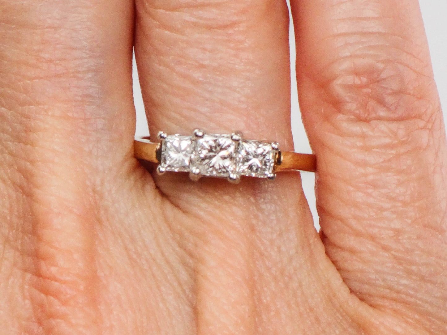 Vintage 14k Gold Three Stone Diamond Engagement Ring, Princess Cut Diamond Ring, Size 7