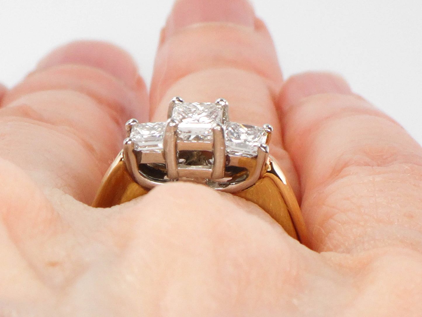 Vintage 14k Gold Three Stone Diamond Engagement Ring, Princess Cut Diamond Ring, Size 7