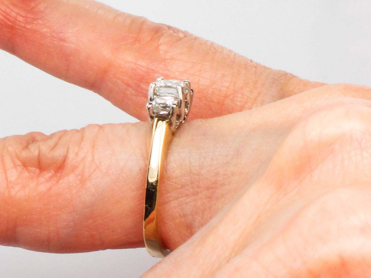 Vintage 14k Gold Three Stone Diamond Engagement Ring, Princess Cut Diamond Ring, Size 7