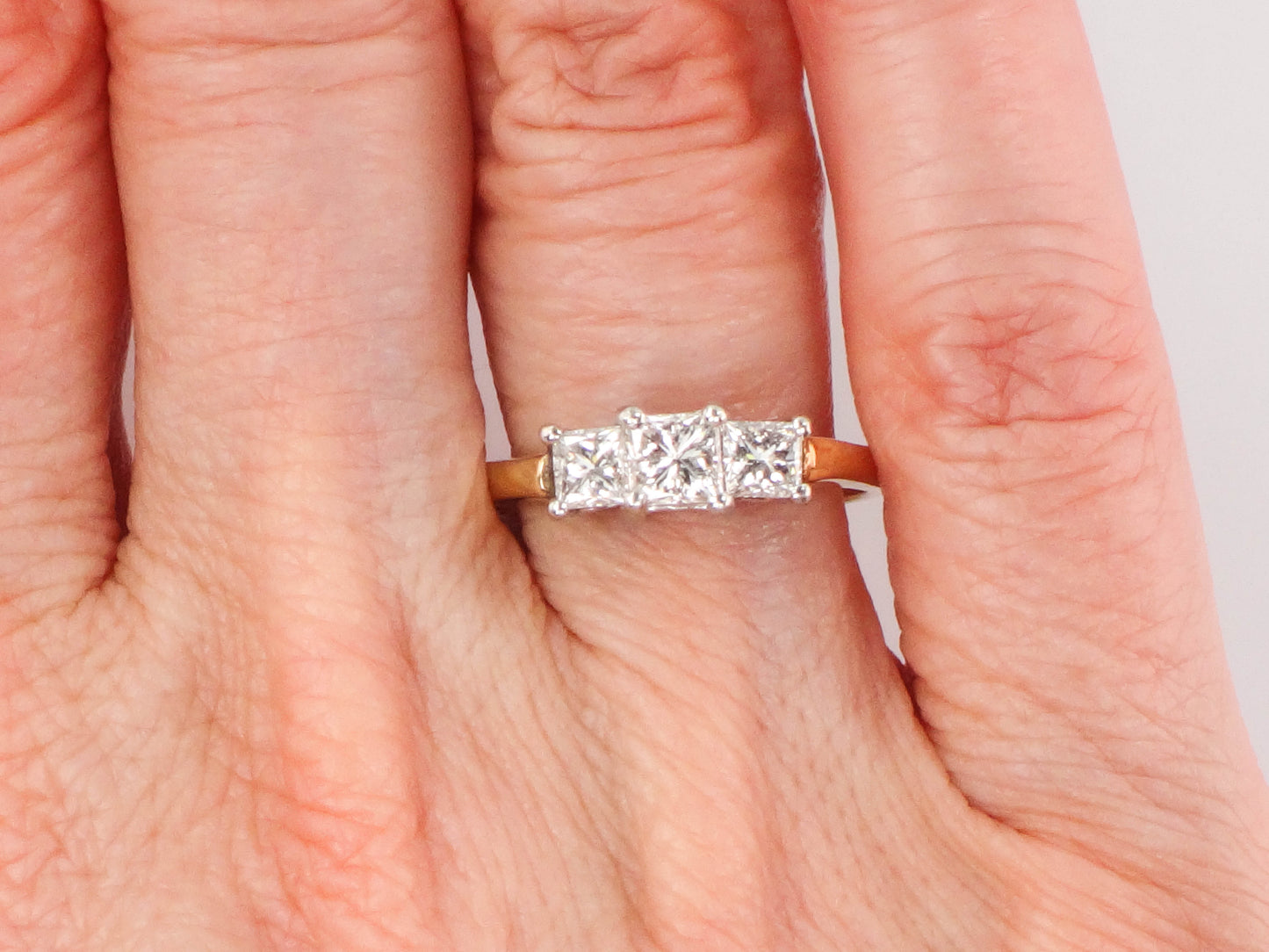 Vintage 14k Gold Three Stone Diamond Engagement Ring, Princess Cut Diamond Ring, Size 7