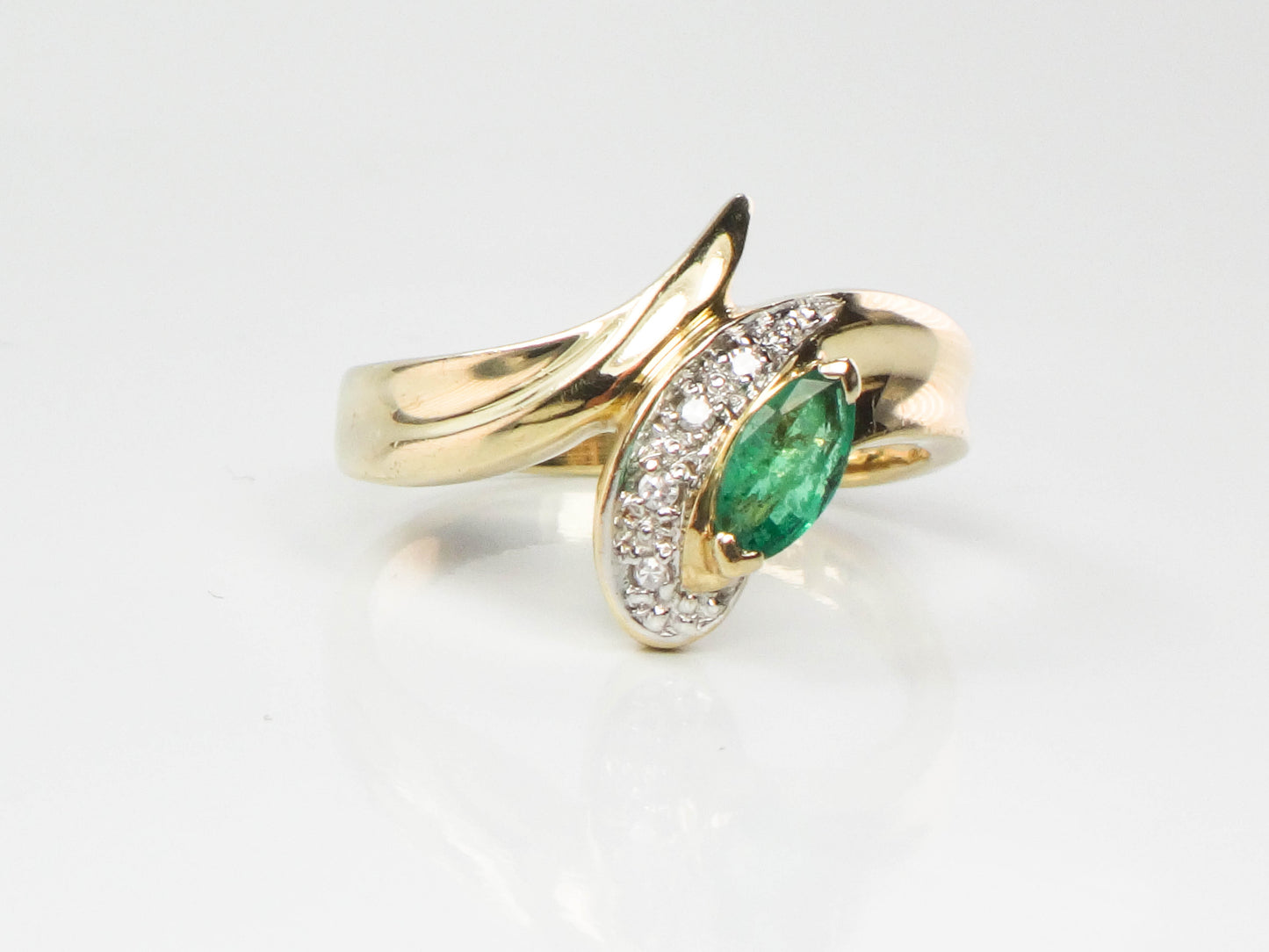 Vintage 10k Two Tone Gold Natural Emerald and Diamond Snake Ring, May Birthstone Ring, Size 4.25