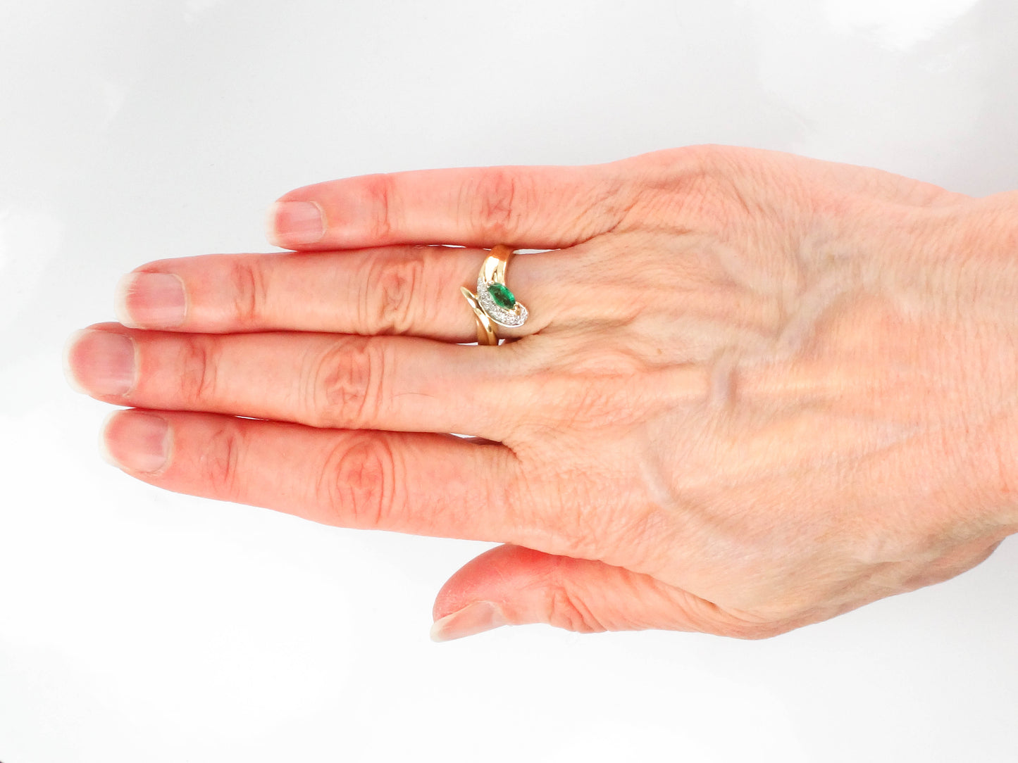 Vintage 10k Two Tone Gold Natural Emerald and Diamond Snake Ring, May Birthstone Ring, Size 4.25