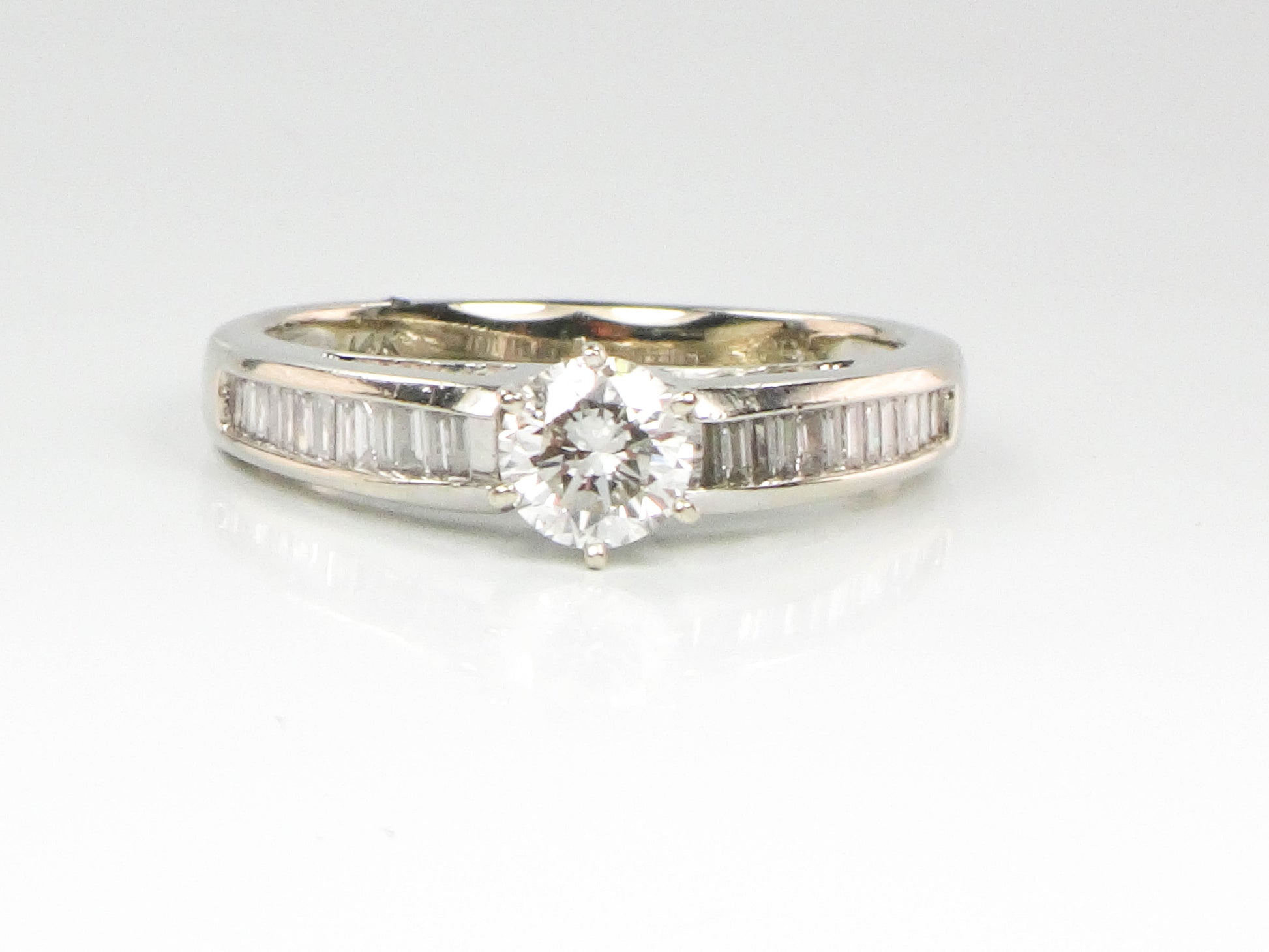 14k White Gold Round Diamond Engagement Ring with Baguettes