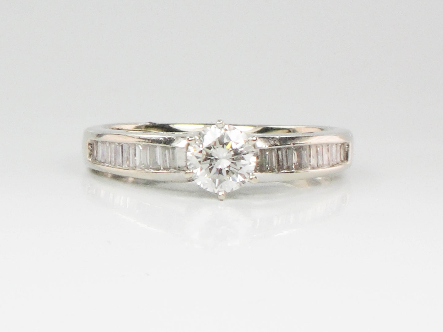 Vintage 14k White Gold Natural Round Diamond Engagement Ring with Baguettes, Approximately .85 Carats TDW
