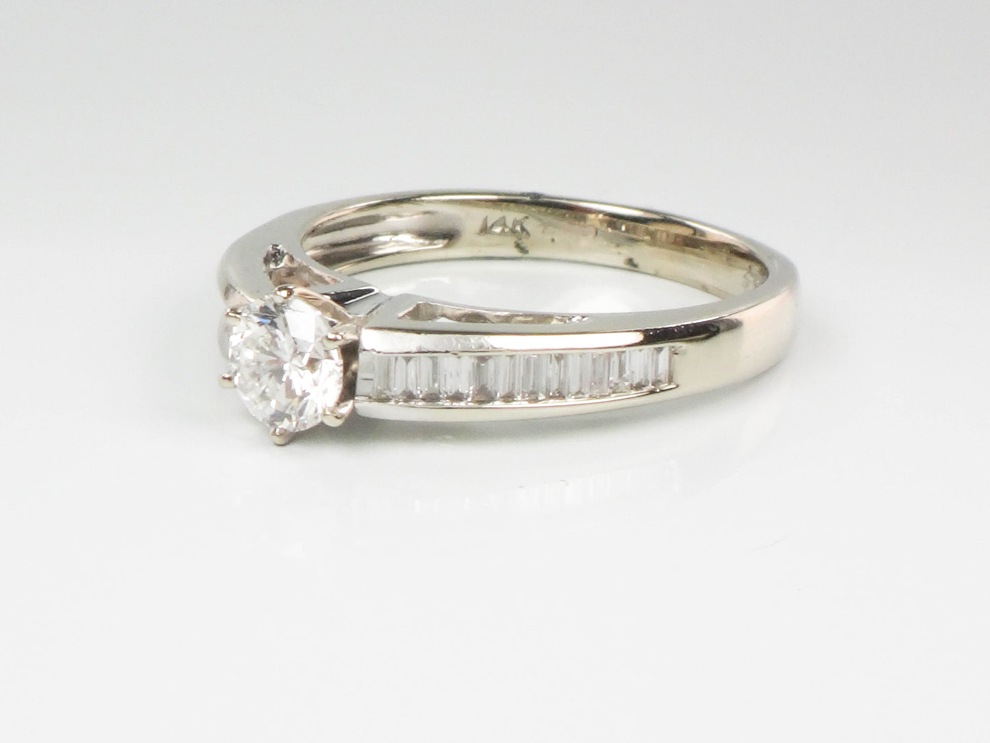 Vintage 14k White Gold Natural Round Diamond Engagement Ring with Baguettes, Approximately .85 Carats TDW
