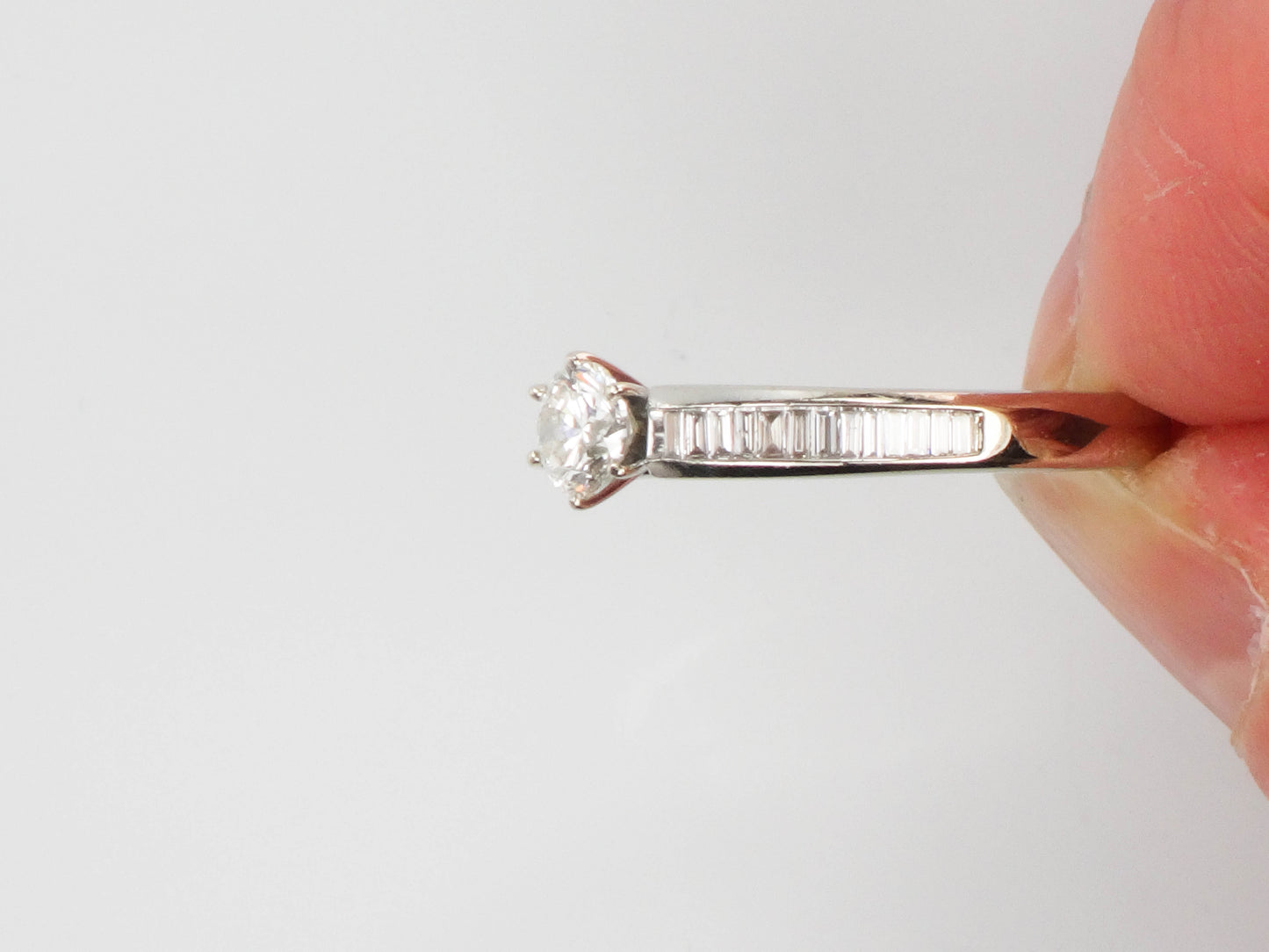 Vintage 14k White Gold Natural Round Diamond Engagement Ring with Baguettes, Approximately .85 Carats TDW