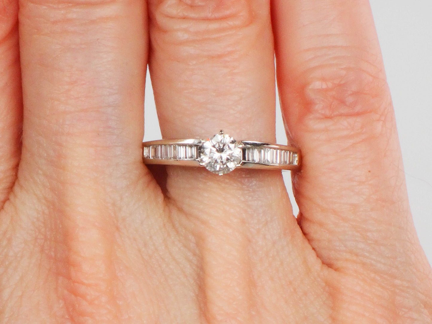 Vintage 14k White Gold Natural Round Diamond Engagement Ring with Baguettes, Approximately .85 Carats TDW