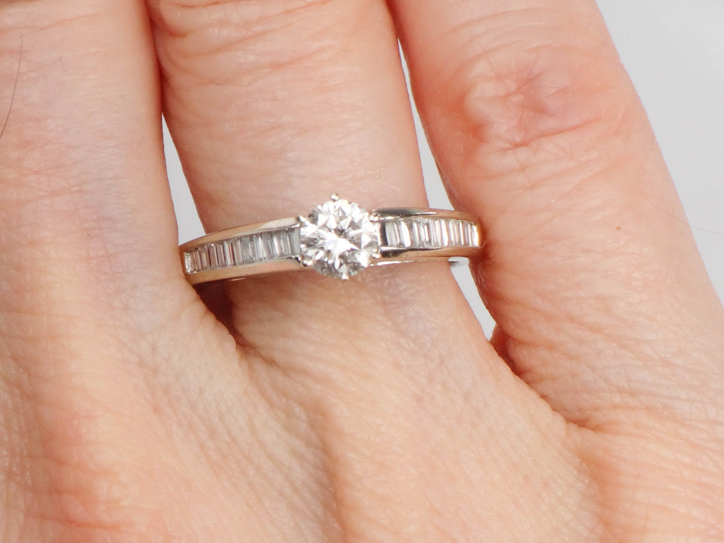 Vintage 14k White Gold Natural Round Diamond Engagement Ring with Baguettes, Approximately .85 Carats TDW