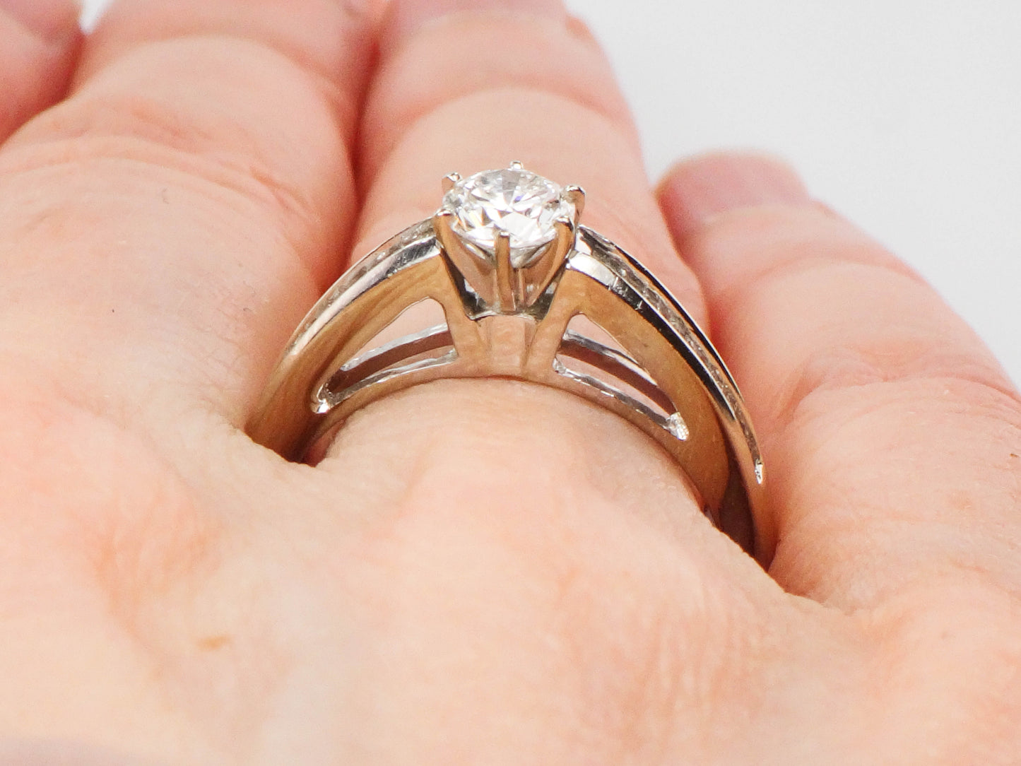 Vintage 14k White Gold Natural Round Diamond Engagement Ring with Baguettes, Approximately .85 Carats TDW