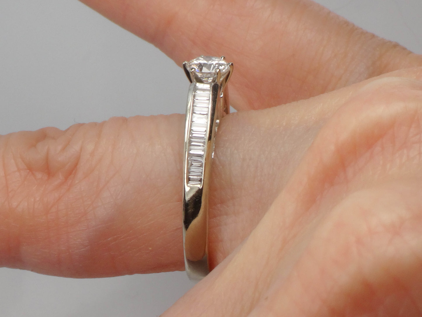 Vintage 14k White Gold Natural Round Diamond Engagement Ring with Baguettes, Approximately .85 Carats TDW