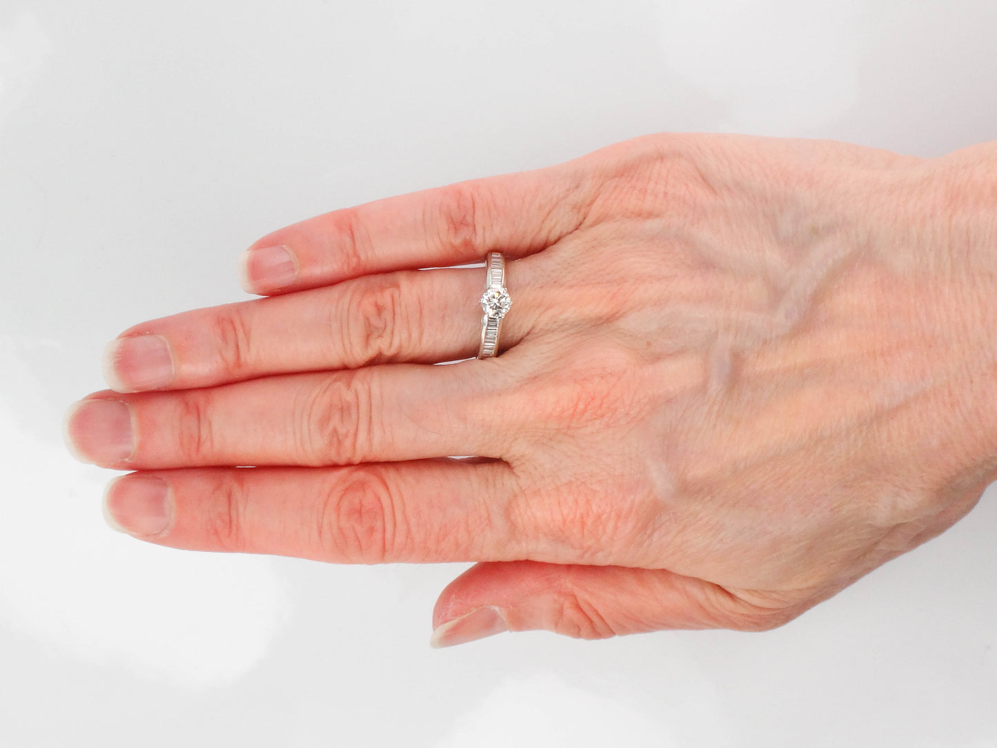 Vintage 14k White Gold Natural Round Diamond Engagement Ring with Baguettes, Approximately .85 Carats TDW