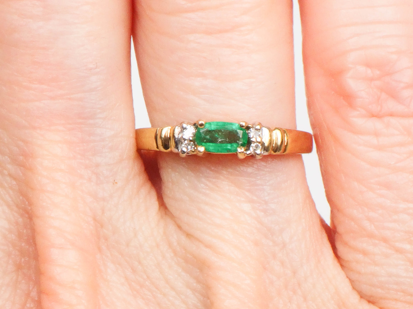 HOLD for Heather - Vintage 14k Yellow Gold Natural Emerald and Diamond Ring, May Birthstone, Size 5.5, Stacking Ring