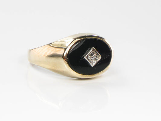 Vintage 14k Yellow Gold Black Onyx and Diamond Ring, Gold Men's Ring Size 11