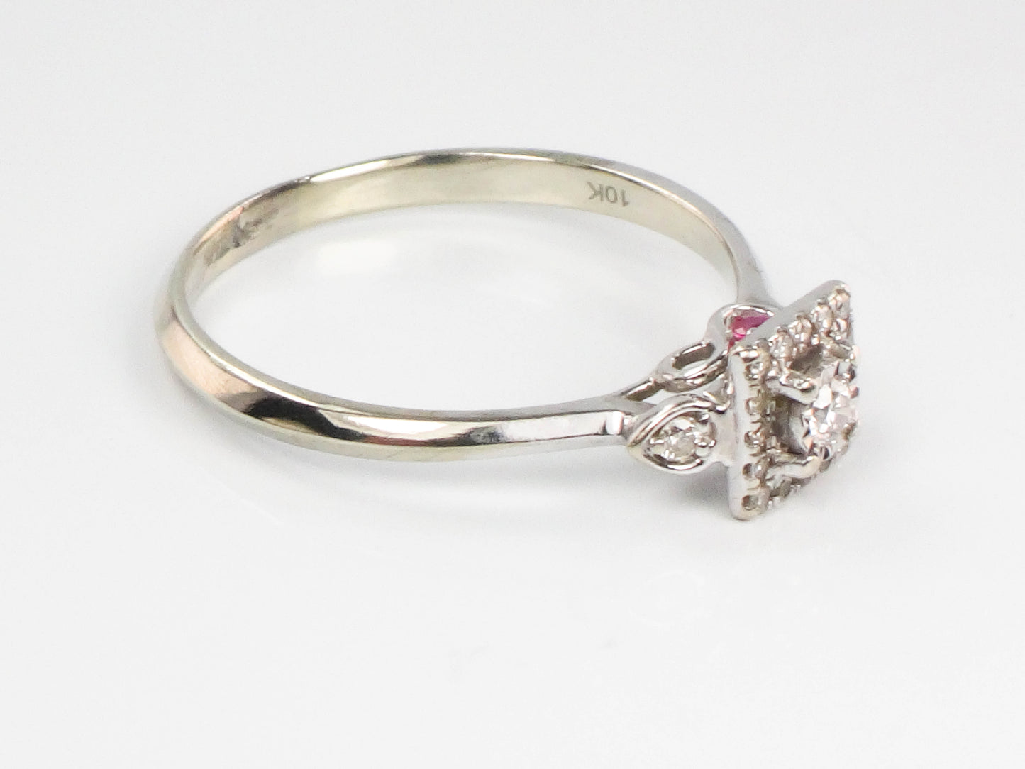 10k Gold Natural Diamond Engagement Ring with Red Ruby Accents, Promise Ring, Size 8.5